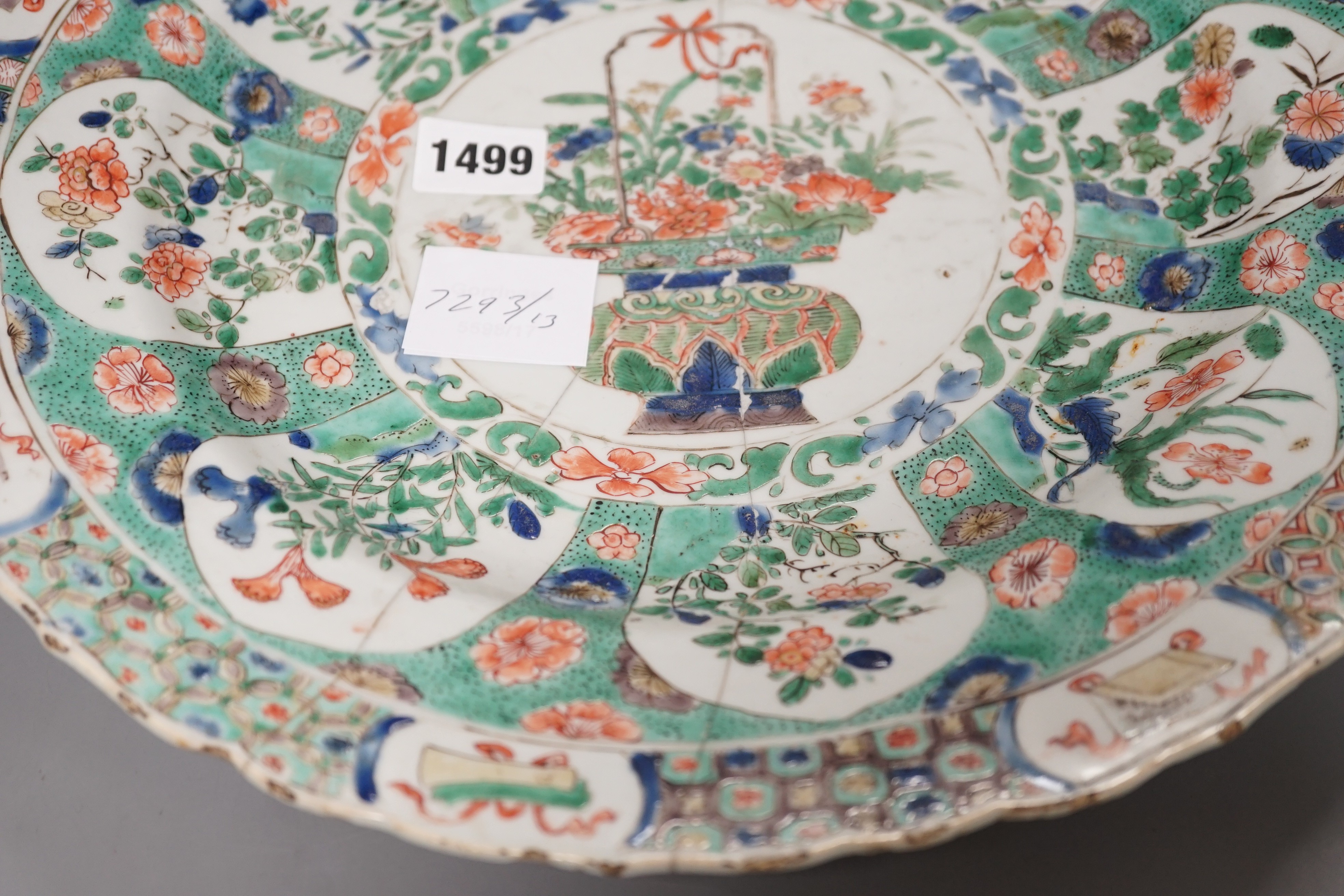 A Chinese Kangxi famille verte dish (repaired), 36cms diameter